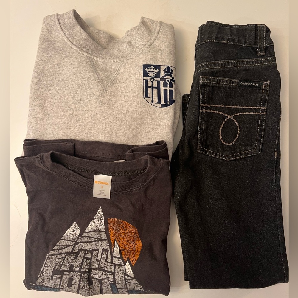 Bundle boy size 6 Calvin Klein Black Denim, long sleeve shirt and sweatshirt